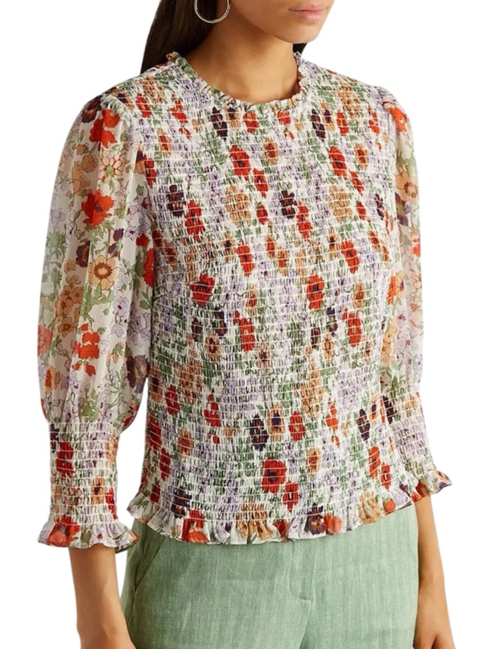 VERONICA BEARD Kali Floral Print Smocked Chiffon Top Size 0